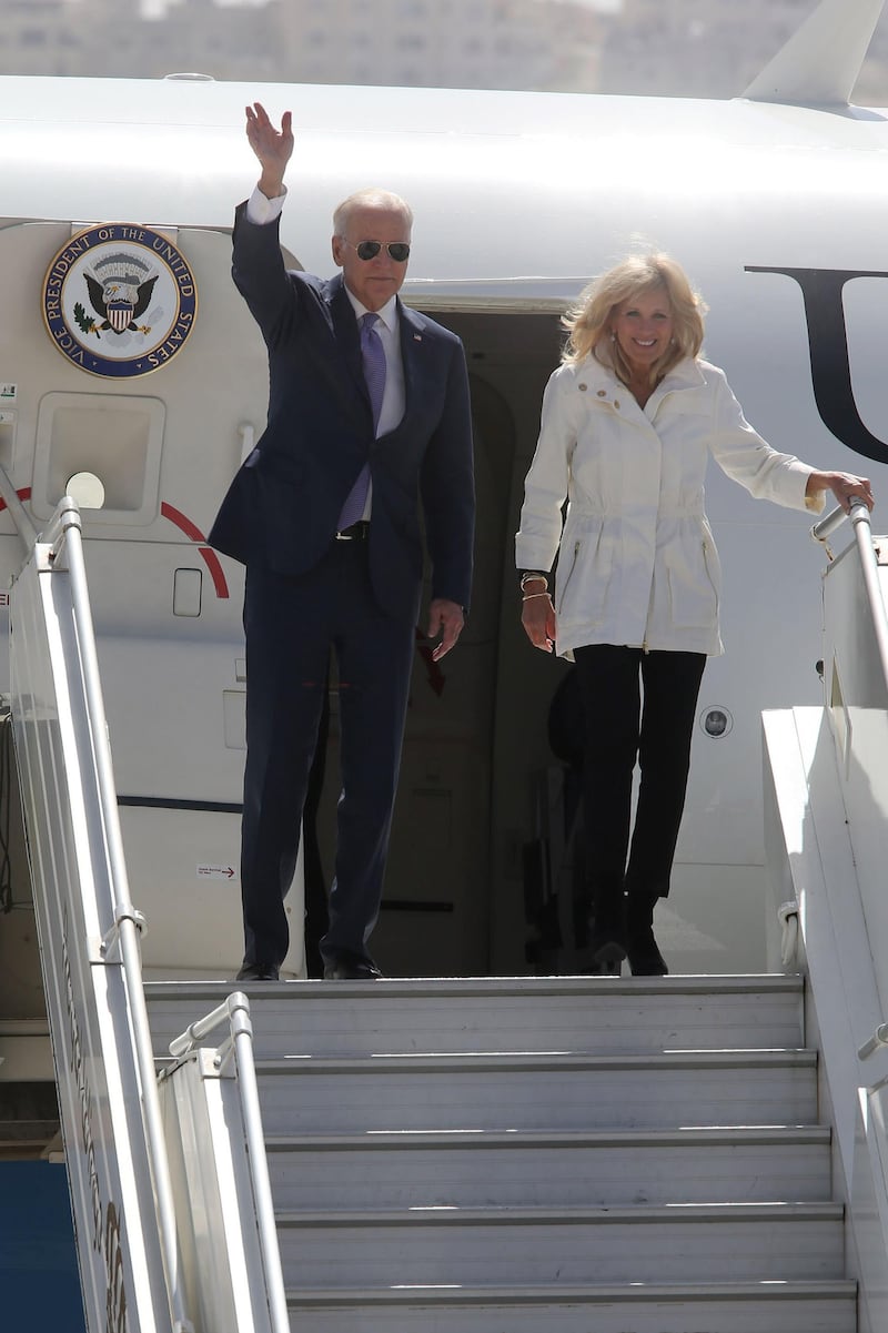 AMMAN, JORDAN - MARCH 10:  U.S Vice President Joe Biden and wife Jill arrive at Marka airport on March 10, 2016 in Amman, Jordan. This is the final stop on Biden's Middle East tour that also took in Israel and the Palestinian territories. ( Photo by Jordan Pix/Getty Images)