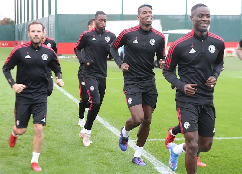 Juan Mata, Aaron Wan-Bissaka, Paul Pogba and Eric Bailly of Manchester United in a first team training session at Carrington Training Ground. All pictures by Getty