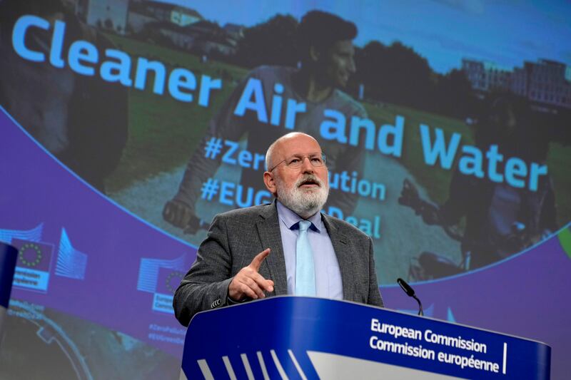 The European commissioner for the European Green Deal, Frans Timmermans, speaks at EU headquarters in Brussels on Wednesday.  AP