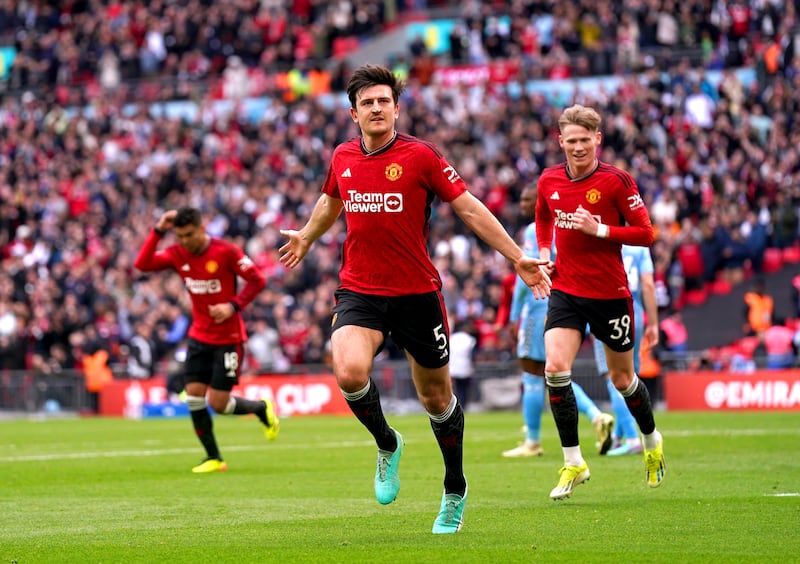 Harry Maguire celebrates scoring Manchester United's second goal. PA