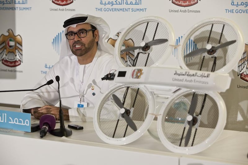 Mohammed Al Gargawi, Minister of Cabinet Affairs, announced at the Government Summit that there will be prize money for those who win the competitions for inventing drones that deliver government services. Antonie Robertson / The National