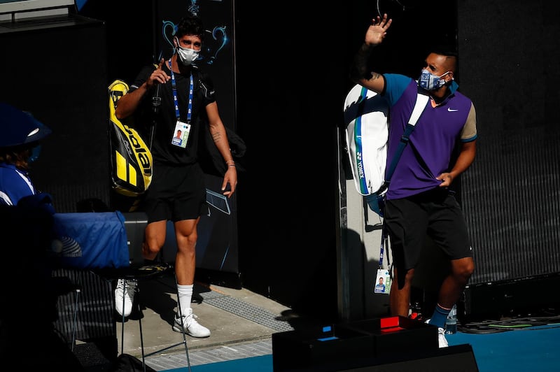 MELBOURNE, AUSTRALIA - FEBRUARY 14: Nick Kyrgios of Australia and Thanasi Kokkinakis of Australia walk onto Margaret Court Arena ahead of their Men's Doubles second round match against Wesley Koolhof of the Netherlands and Lukasz Kubot of Poland during day seven of the 2021 Australian Open at Melbourne Park on February 14, 2021 in Melbourne, Australia. (Photo by Daniel Pockett/Getty Images)