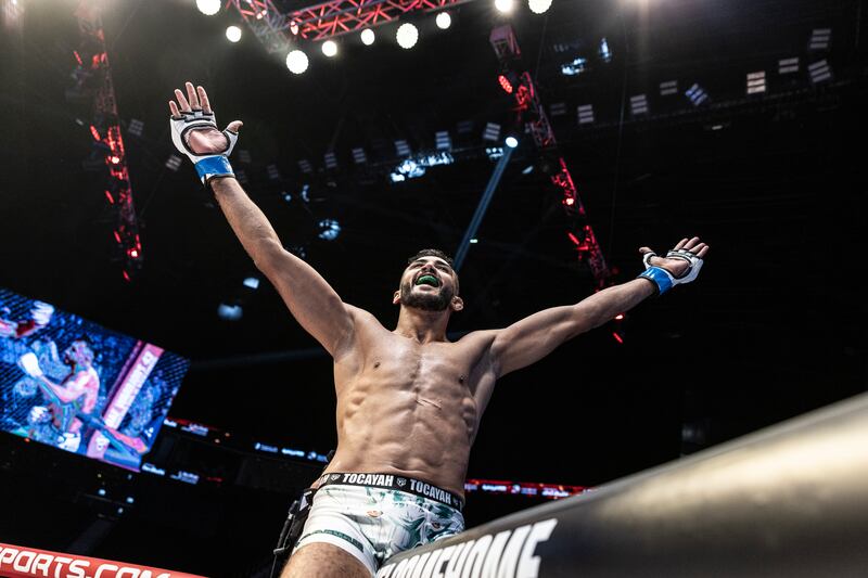 Wisem Hammami celebrates after his first round TKO of Badreddine Diani to win the UAE Warriors Arabia welterweight belt at the Etihad Arena on Friday, August 25, 2023. Photo: UAE Warriors