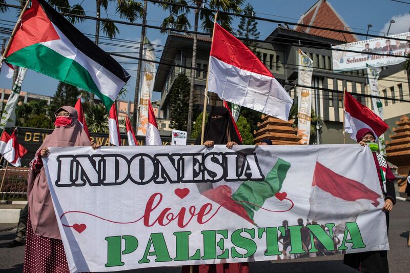 Demonstrators take part in a protest against Israel, in Surabaya, Indonesia. AFP