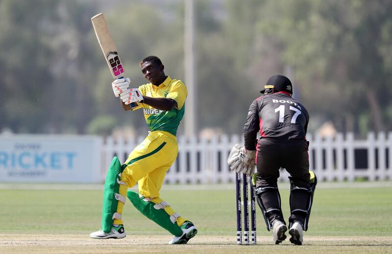 ABU DHABI , UNITED ARAB EMIRATES , October 24  – 2019 :- Sesan Adedeji of Nigeria playing a shot during the World Cup T20 Qualifiers between UAE vs Nigeria held at Tolerance Oval cricket ground in Abu Dhabi. UAE won the match by 5 wickets.  ( Pawan Singh / The National )  For Sports. Story by Paul