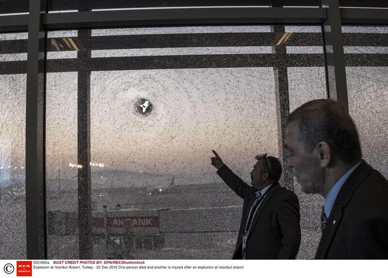 A window damaged by the blast at Istanbul’s Sabiha Gokcen airport on December 23, 2015. Sener Yilmaz Aslan / SIPA / REX /Shutterstock 