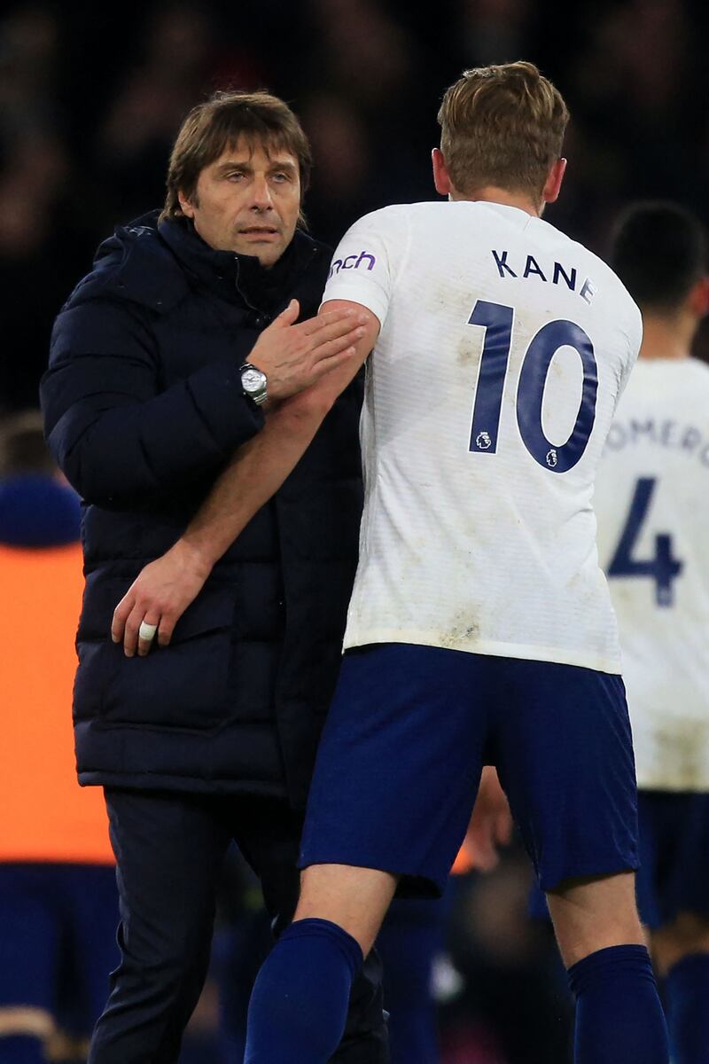 Tottenham manager Antonio Conte congratulates Harry Kane after win over Manchester City on Saturday. AFP