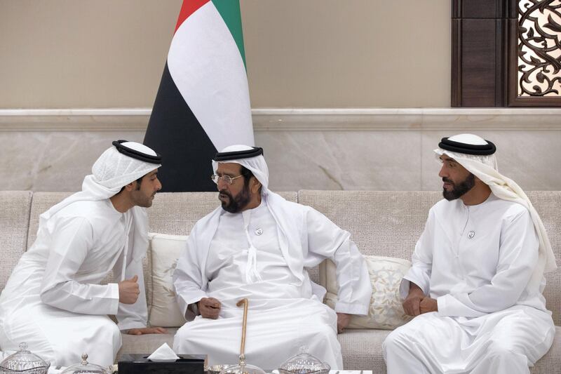 ABU DHABI, UNITED ARAB EMIRATES - May 28, 2019: (L-R) HH Sheikh Hazza bin Tahnoon Al Nahyan, Undersecretary to the Ruler's Representative in Al Ain Region, HH Sheikh Tahnoon bin Mohamed Al Nahyan, Ruler's Representative in Al Ain Region and HH Sheikh Nahyan Bin Zayed Al Nahyan, Chairman of the Board of Trustees of Zayed bin Sultan Al Nahyan Charitable and Humanitarian Foundation, attend an iftar reception at Al Bateen Palace.

( Hamad Al Mansouri for the Ministry of Presidential Affairs )
---