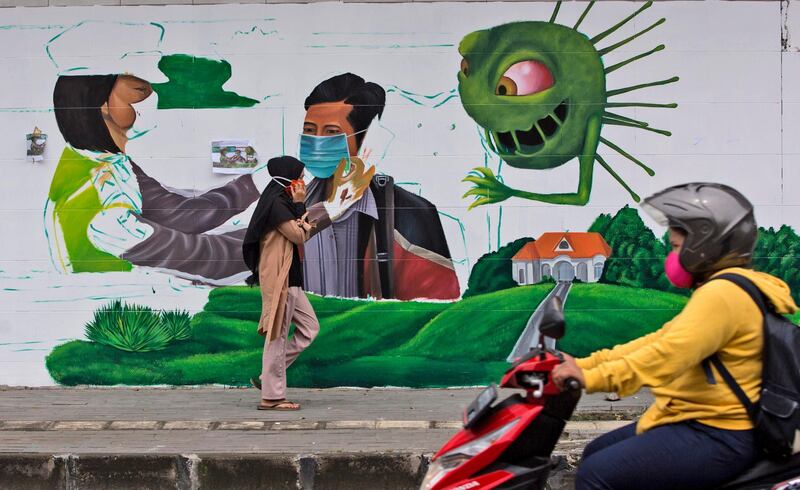 People pass a coronavirus-themed mural in Medan, North Sumatra, Indonesia. AP Photo