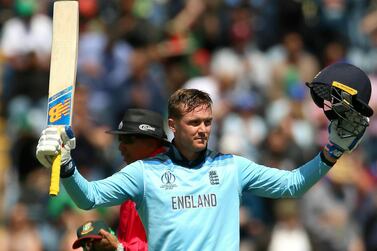 Jason Roy celebrates reaching his century for England against Bangladesh. AP Photo