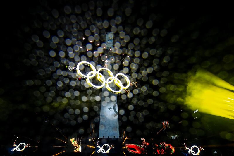Artists perform on the Olympic Rings during the opening ceremony of the Buenos Aires 2018 Youth Olympic in Buenos Aires, Argentina. Getty Images