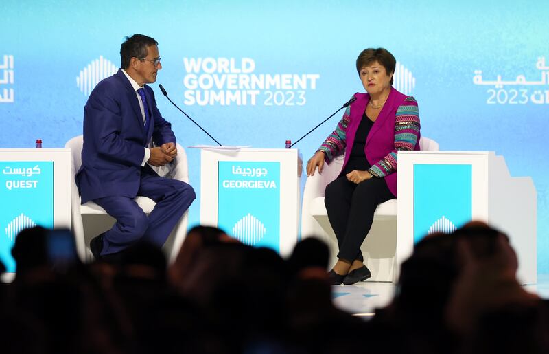 CNN's Richard Quest listens to IMF managing director Kristalina Georgieva at the World Government Summit in Dubai. EPA