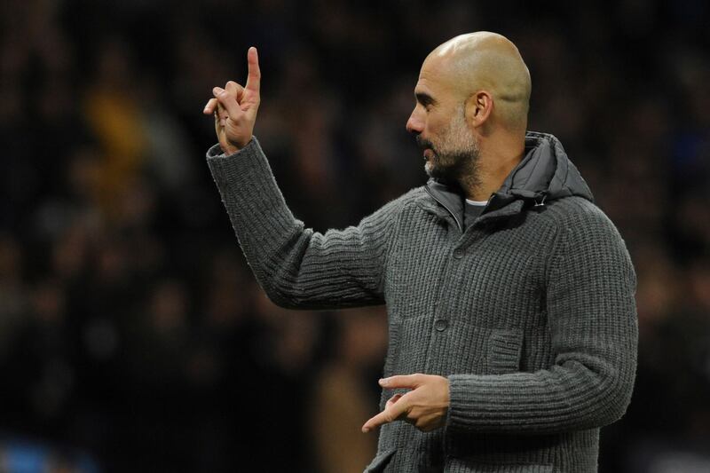 Manchester City manager Pep Guardiola salutes to supporters at the end of the game against Leicester City. AP Photo