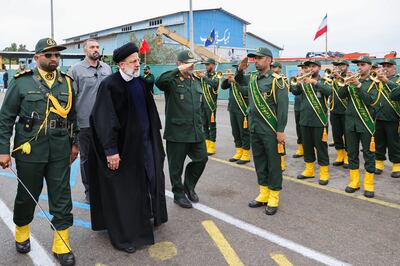 Iranian President Ebrahim Raisi (second left) visits the Iranian Revolutionary Guards Corps navy base in the city of Bandar Abbas, southern Iran. EPA