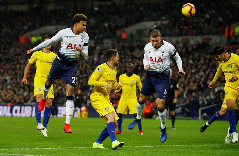 Dele Alli heads home Tottenham's first goal against Chelsea at Wembley Stadium. Reuters