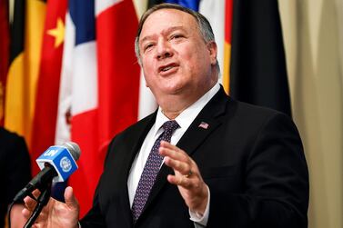 Secretary of State Mike Pompeo speaks to reporters following a meeting with members of the UN Security Council. AP