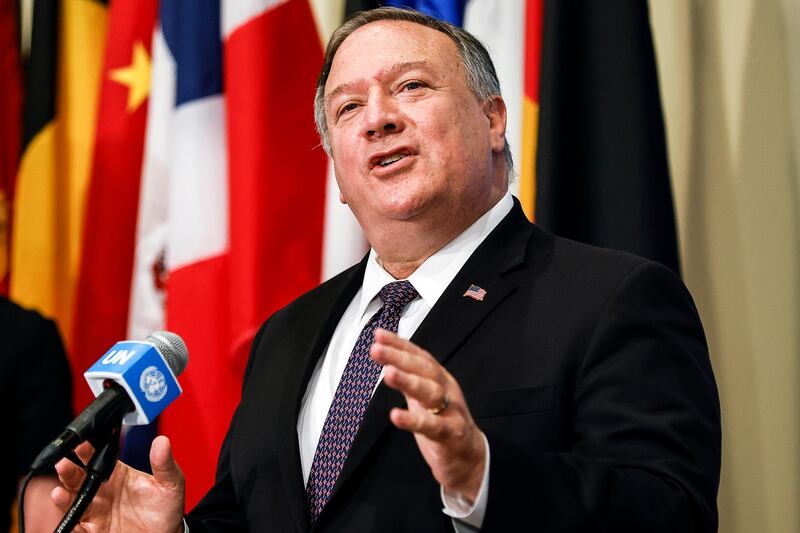 FILE - In this Thursday, Aug. 20, 2020 file photo, Secretary of State Mike Pompeo speaks to reporters following a meeting with members of the U.N. Security Council, at the United Nations. The president of the U.N. Security Council on Tuesday, Aug. 25, 2020 rejected the Trump administrationâ€™s demand to restore all U.N. sanctions on Iran, a move that drew an angry rebuke from the U.S. ambassador who accused opponents of supporting â€œterrorists.â€ Pompeo insisted last Thursday that the United States has the legal right to â€œsnap backâ€ U.N. sanctions, even though President Donald Trump pulled out of the 2015 nuclear deal between Iran and six major powers that was endorsed by the U.N. Security Council. (Mike Segar/Pool via AP, File)