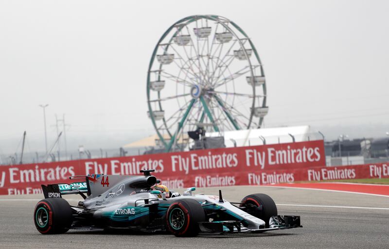 Mercedes driver Lewis Hamilton, of Britain, drives his car during the first practice session for the Formula One U.S. Grand Prix auto race at the Circuit of the Americas, Friday, Oct. 20, 2017, in Austin, Texas. (AP Photo/Eric Gay)
