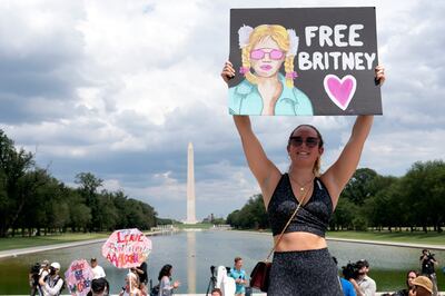Maggie Howell, supporter of pop star Britney Spears, protests at the Lincoln Memorial during the #FreeBritney rally in Washington on Wednesday, July 14, 2021. AP 