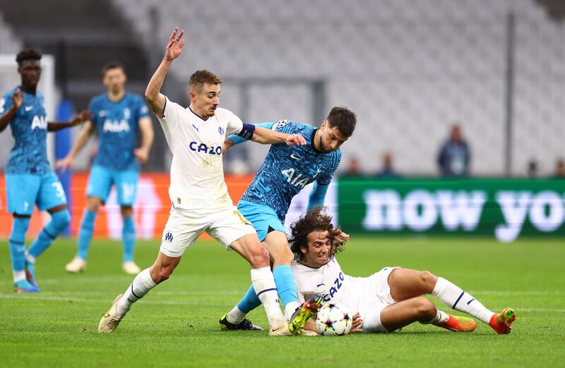Matteo Guendouzi 7: One of four Marseille players with links to Spurs’ rivals Arsenal and helped team control centre of park in first half. Sloppy pass led to Spurs’ winner. Getty