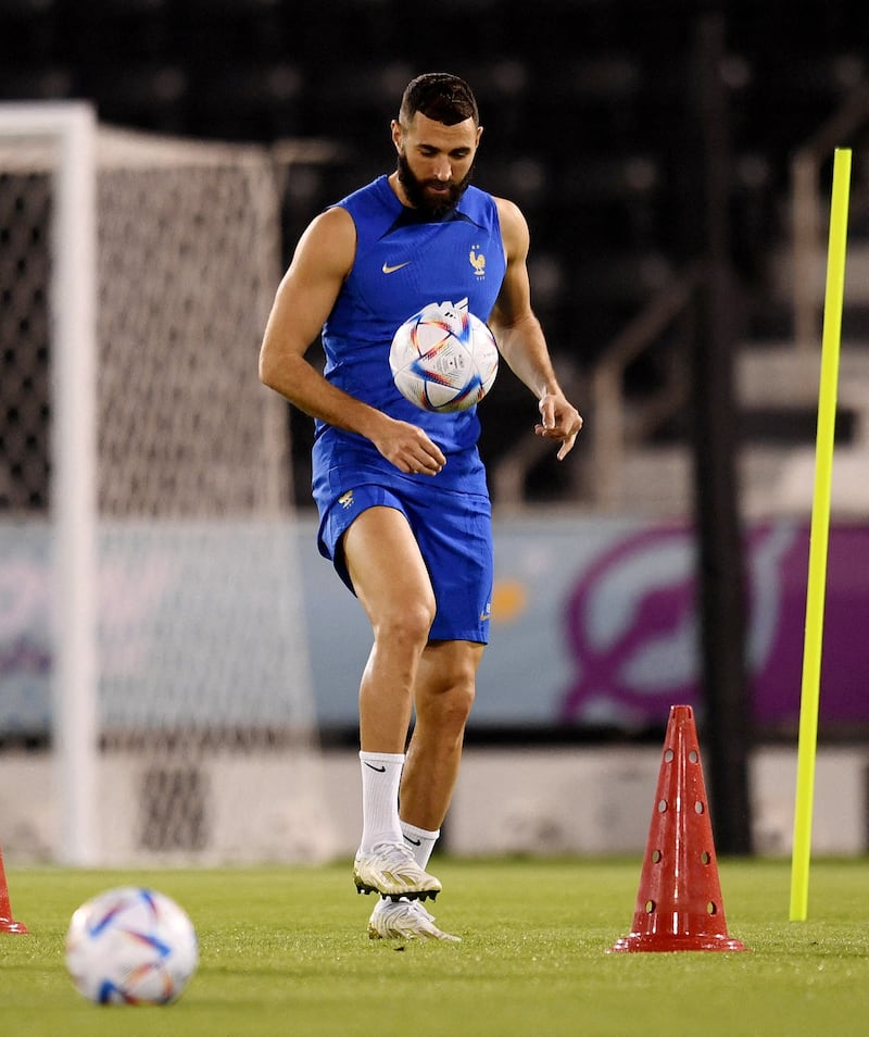 France's Karim Benzema training ahead of the 2022 Qatar World Cup that he would eventuall miss through injury. Reuters