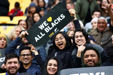 WELLINGTON, NEW ZEALAND - OCTOBER 11: All Blacks fans enjoy the atmosphere during the Bledisloe Cup match between the New Zealand All Blacks and the Australian Wallabies at Sky Stadium on October 11, 2020 in Wellington, New Zealand. (Photo by Hagen Hopkins/Getty Images)