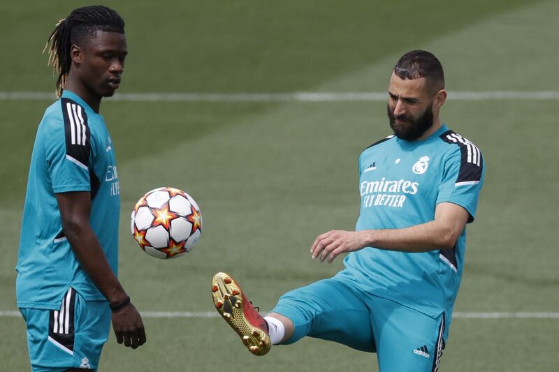 Real Madrid's Eduardo Camavinga, left, and Karim Benzema train for the Champions League final on Tuesday, May 24, 2022. Los Blancos will play Liverpool on Saturday in Paris EPA