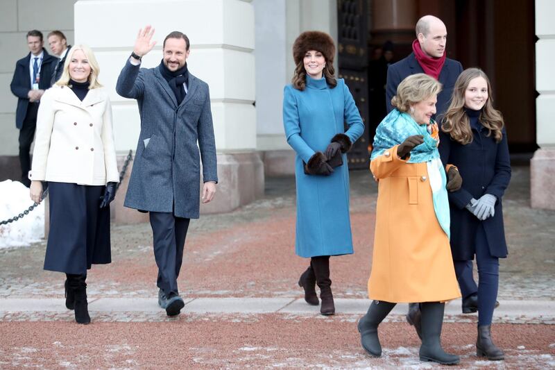 From left: Crown Princess Mette-Marit of Norway, Crown Prince Haakon, Catherine, Duchess of Cambridge,  Prince William, Duke of Cambridge, Queen Sonja of Norway and Princess Ingrid Alexandra of Norway. Chris Jackson / Getty Images