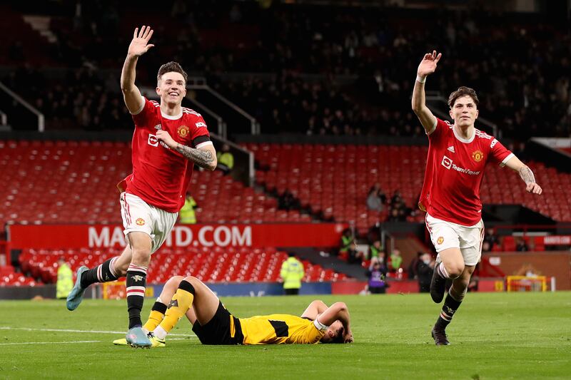 Charlie McNeill of Manchester United's youth team celebrates scoring against Wolverhampton Wanderers at Old Trafford. Getty