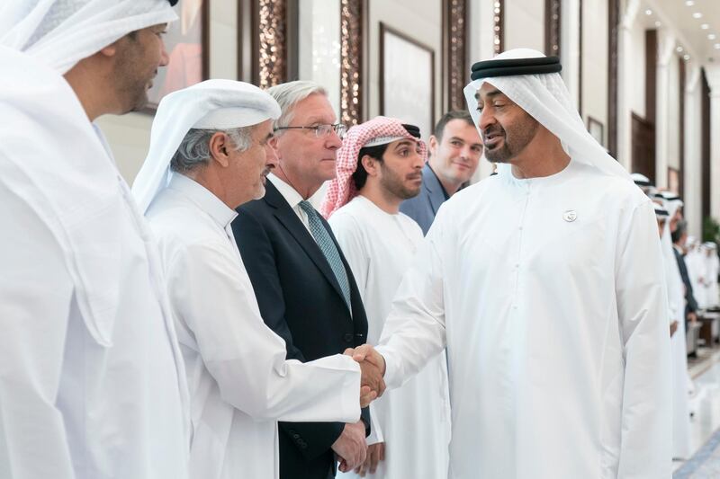 ABU DHABI, UNITED ARAB EMIRATES - May 21, 2019: HH Sheikh Mohamed bin Zayed Al Nahyan, Crown Prince of Abu Dhabi and Deputy Supreme Commander of the UAE Armed Forces (R), receives Special Olympics sponsors during an iftar reception at Al Bateen Palace.

( Rashed Al Mansoori / Ministry of Presidential Affairs )
---