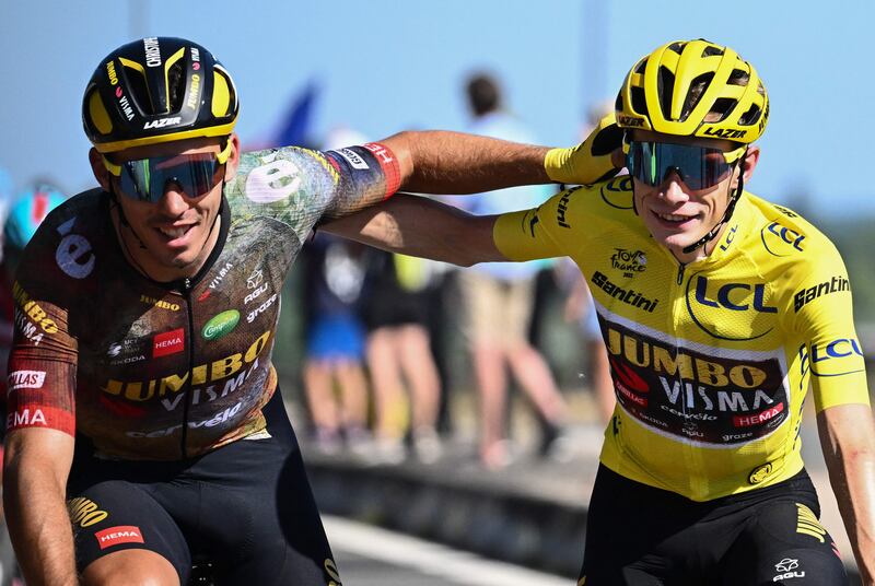 Jumbo-Visma's French rider Christophe Laporte with teammate Jonas Vingegaard. AFP