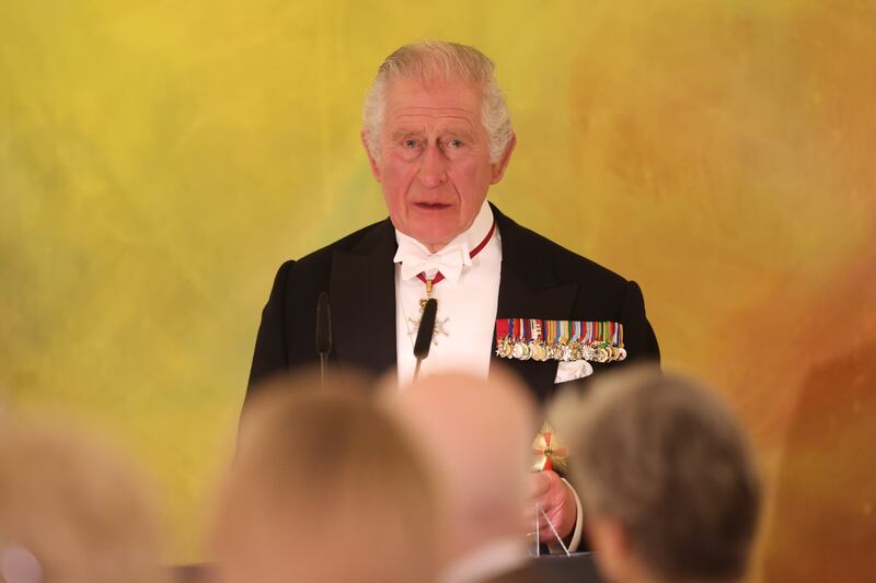 King Charles III during the State Banquet at Bellevue Palace, Berlin, the official residence of the President of Germany, during their State Visit to Germany. Picture date: Wednesday March 29, 2023. PA