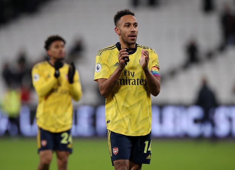 Arsenal's Pierre-Emerick Aubameyang applauds the fans after the match. Reuters