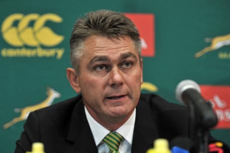 Heyneke Meyer, a 44-year-old who guided Northern Bulls to one Super 14 and four Currie Cup titles, speaks during a presser after his appointment as the new Springbok coach on January 27, 2012 in Cape Town. AFP PHOTO/STR