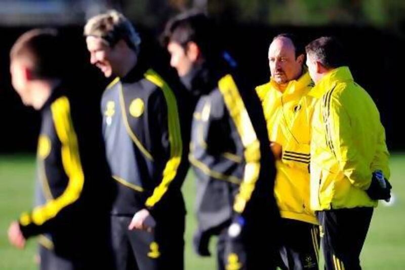 Chelsea's interim manager Rafael Benitez, right, at a training session in preparation for their Group E match with FC Nordsjaelland. GLYN KIRK / AFP