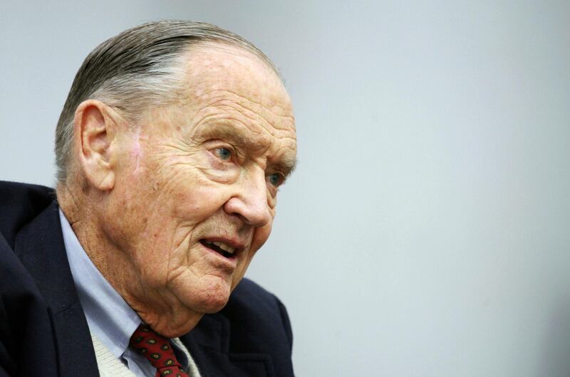 FILE - In this Tuesday, May 20, 2008, file photo, John Bogle, founder of The Vanguard Group, talks during an interview with The Associated Press, in New York. Vanguard announced Wednesday, Jan. 16, 2019, that John C. "Jack" Bogle has died at the age of 89. (AP Photo/Mark Lennihan, File)