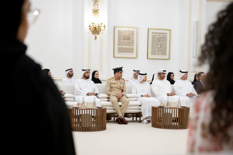 Maj Gen Faris Al Mazrouei, Abu Dhabi Executive Council Member and Commander-in-Chief of Abu Dhabi Police, left, Mohamed Al Hussaini, Minister of State for Financial Affairs, third left, Dr Sultan Al Jaber, Minister of Industry and Advanced Technology and President-designate of Cop28, fourth left, attend the meeting