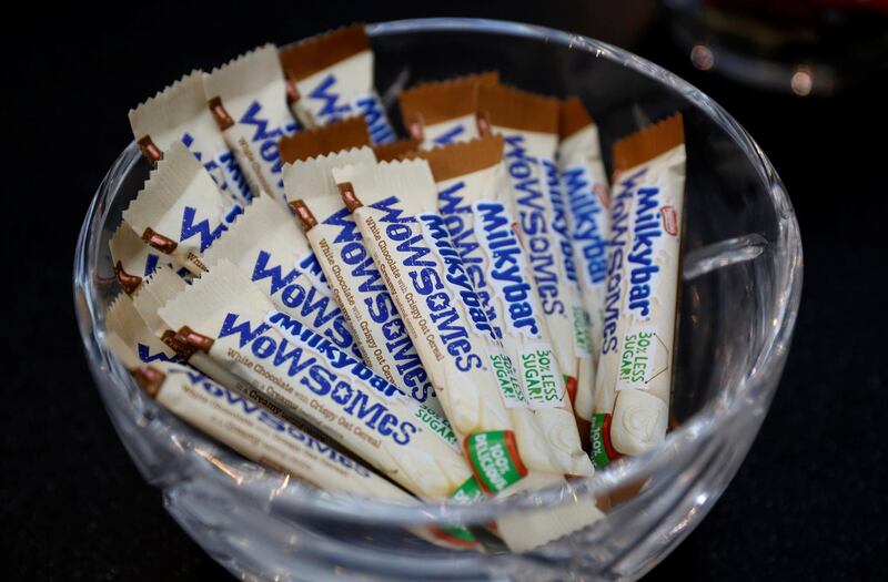 Bars of Nestle's new 'Milkybar Wowsomes' are displayed on a table at their Product Technology Centre in York, Britain, March 21, 2018. Picture taken March 21, 2018. REUTERS/Phil Noble
