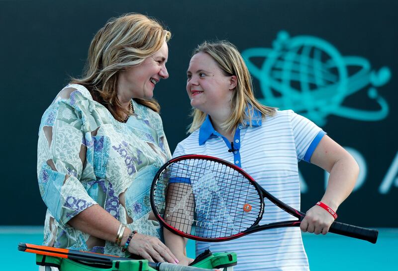 Abu Dhabi, U.A.E., October 22, 2018.  
Clara Lehmkuhl has Down Syndrome and is training to play singles tennis at the upcoming Special Olympics; it is also Down Syndrome Awareness month. ���  Clara with mother Lizette.
Victor Besa / The National
Section:  NA
Reporter:  Ann Marie McQueen
