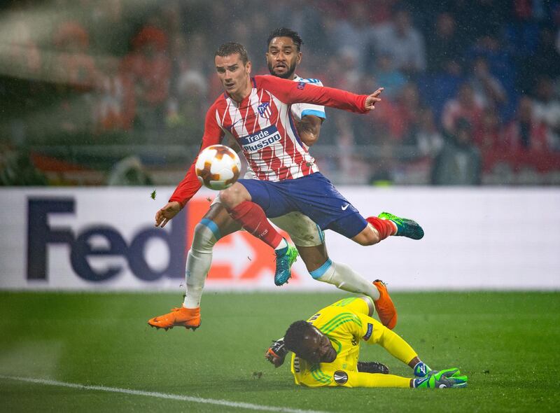LYON, FRANCE - MAY 16: Antoine Griezmann of Atletico Madrid scores his team's second goal of the game during the UEFA Europa League Final between Olympique de Marseille and Club Atletico de Madrid at Stade de Lyon on May 16, 2018 in Lyon, France.  (Photo by Matthias Hangst/Getty Images)
