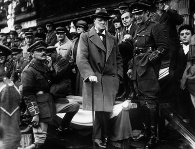 Winston Churchill, while serving as Secretary of State for War, in the Grand Stand at the Grande Place at Lille, France. Getty Images