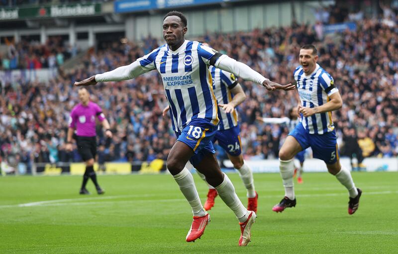 Danny Welbeck celebrates after scoring their Brighton's second goal. Getty