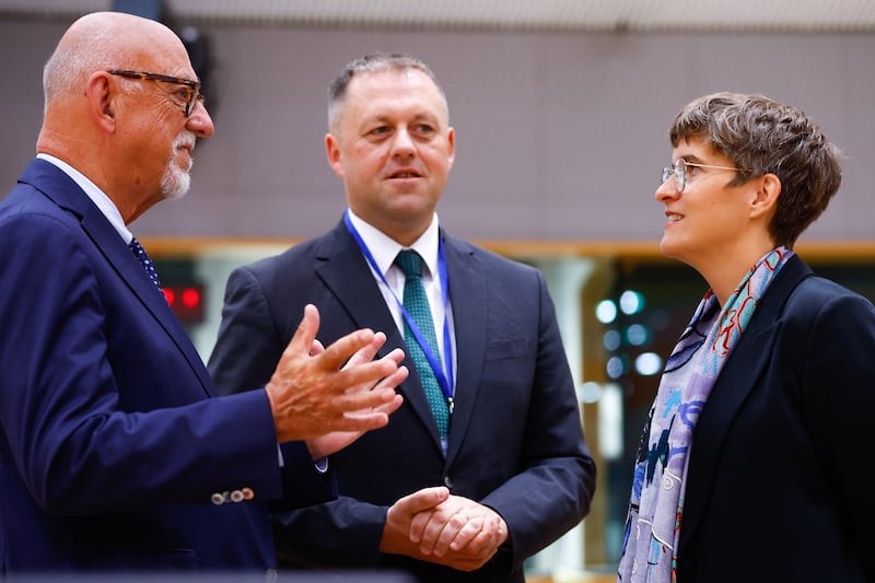 From left, Sweden's Hans Dahlgren, Ireland's Thomas Byrne and Anna Luehrmann of Germany, all ministers responsible for Europe, at the start of a general affairs council at the European Council in Brussels where changing rules on voting is up for discussion EPA
