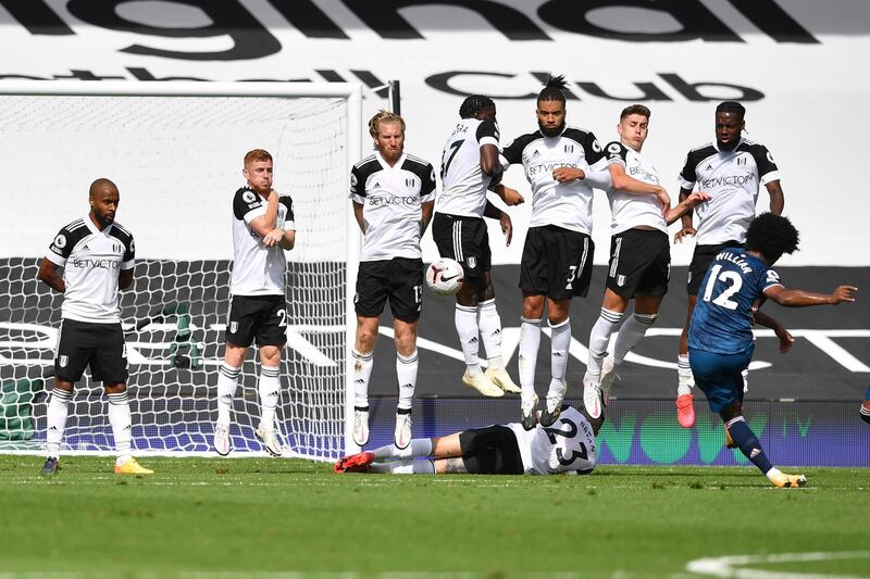 Arsenal's Willian attempts to score from a free-kick. AP