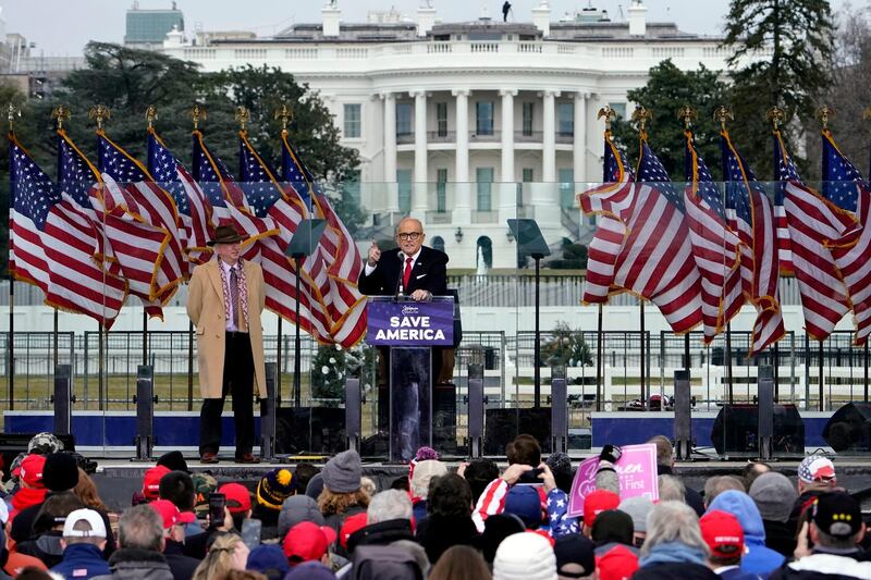 FILE - In this Jan. 6, 2021 file photo former New York Mayor Rudolph Giuliani speaks in Washington at a rally in support of President Donald Trump, called the "Save America Rally." Giuliani is facing possible expulsion from the New York State Bar Association over incendiary remarks he made to Trump's supporters last week before they stormed the U.S. Capitol.  (AP Photo/Jacquelyn Martin, File)