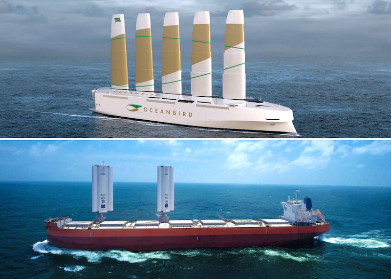 Top: A rendering of an Oceanbird ship with five 80-metre wingsails. Bottom: Pyxis Ocean cargo ship retrofitted with WindWings sets sail on its maiden voyage. Reuters / Wallenius Marine