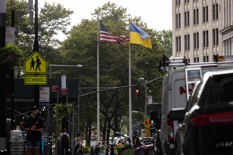 Ukrainian and American flags raised on a street in New York to mark the occasion. AFP