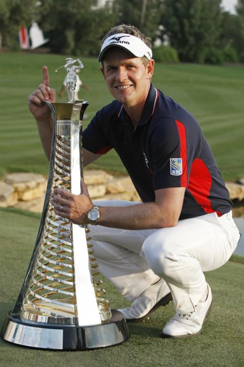 England's Luke Donald holds the Race to Dubai after finishing third in the Dubai World Championship at the Jumeriah Golf Estates in Dubai in 2011. Jeff Topping / The National

