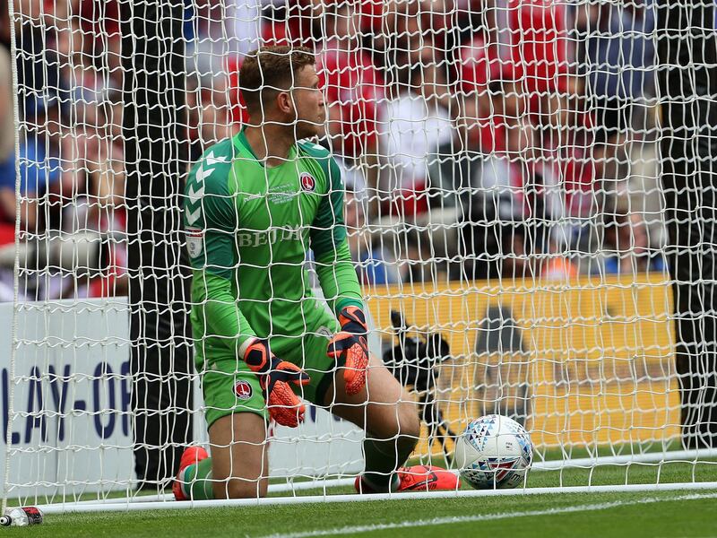 LONDON, ENGLAND - MAY 26: Charlton keeper Dillon Philips watches the ball roll past him for the opening goal during the Sky Bet League One Play-off Final match between Charlton Athletic and Sunderland at Wembley Stadium on May 26, 2019 in London, United Kingdom. (Photo by Ian Horrocks/Sunderland AFC via Getty Images)