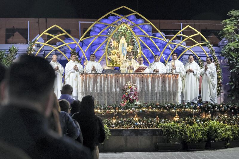 DUBAI, UNITED ARAB EMIRATES. 25 DECEMBER 2019. Midnight Mass at St Mary’s in Dubai to celebrate Christmas. Christmas styled decorations depicting Biblical scenes and Christmas decorations. (Photo: Antonie Robertson/The National) Journalist: None. Section: National.
